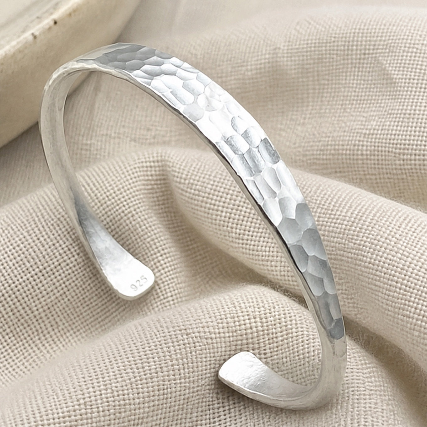 Hammered Silver Open Cuff Bracelet with Boho Vintage Texture