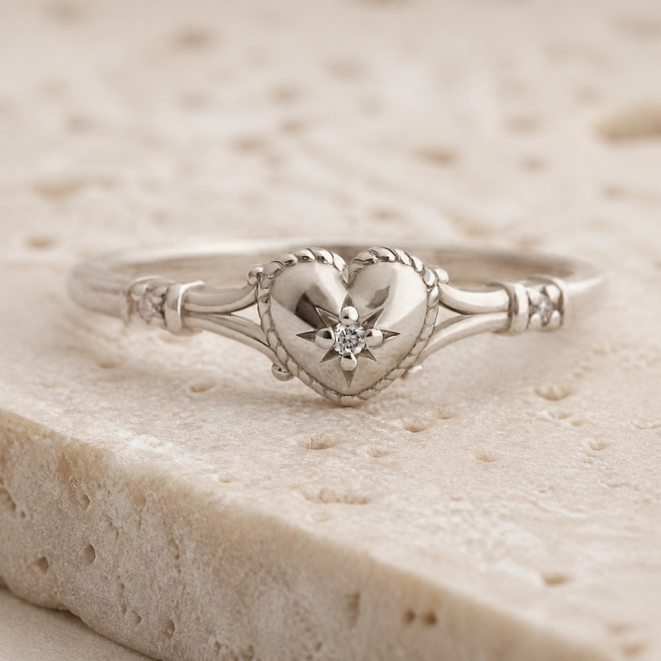 Heart-Shaped Ring with Clear Stone and Rope Twist Band, White Gold-Tone