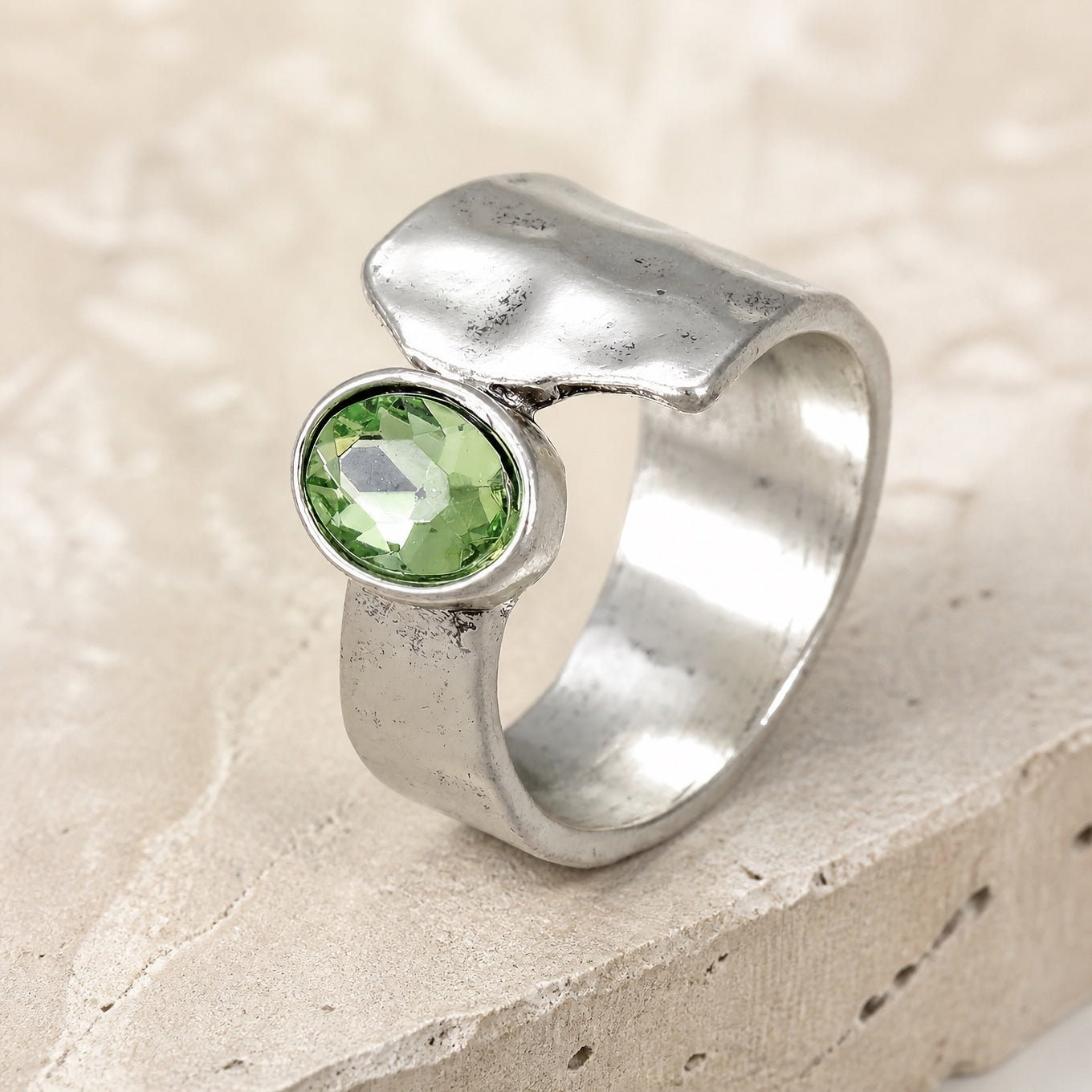 Oval Green Zirconia Statement Ring with Wide Antiqued Silver Band
