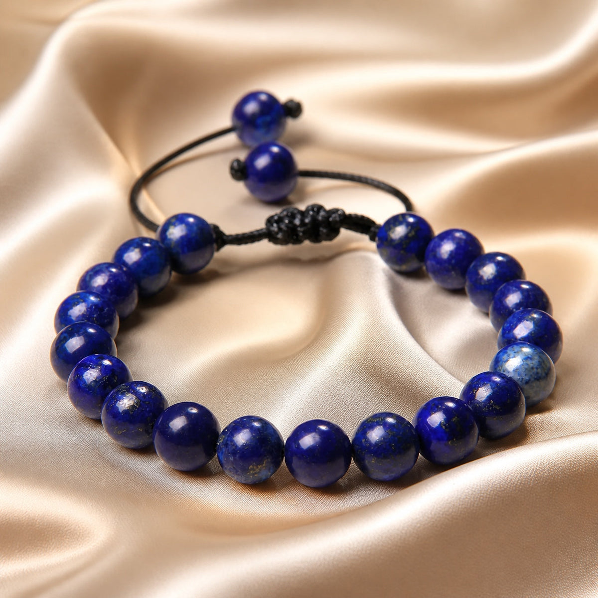 Round Stone Beaded Bracelet with Adjustable Cord in Jade, Lapis Lazuli or Tiger's Eye — view 2