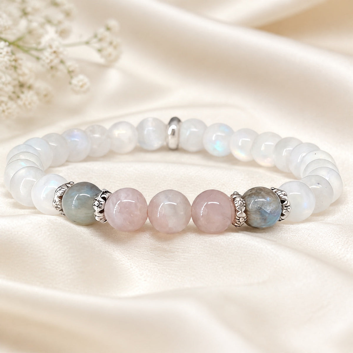 Pink Stone Ring and Beaded Bracelet Set - Silver Tone, Oval Rose Quartz Ring and Mixed Beads - 2 Pieces
