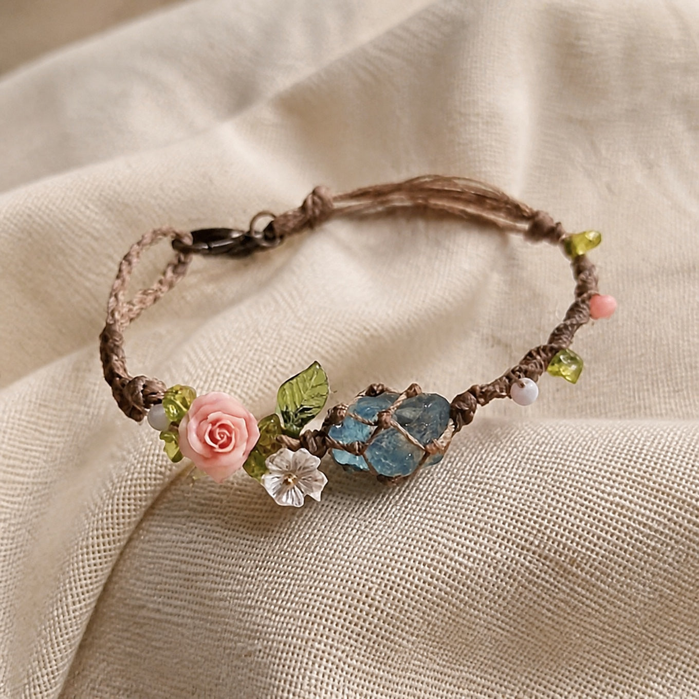 Aquamarine Beaded Bracelet with Ceramic Rose Charm and Macramé Cord