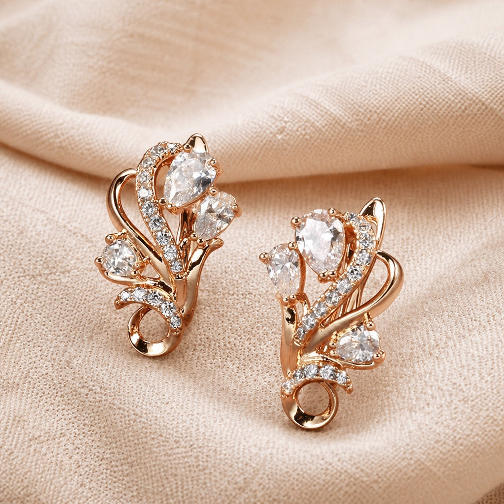 Floral Cubic Zirconia Drop Earrings in Rose Gold Tone with Layered Faceted Stones — main image