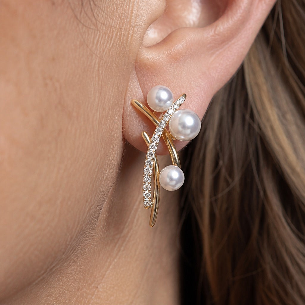 Triple Pearl Branch Drop Earrings with Gold-Tone Crystal Accent — main image
