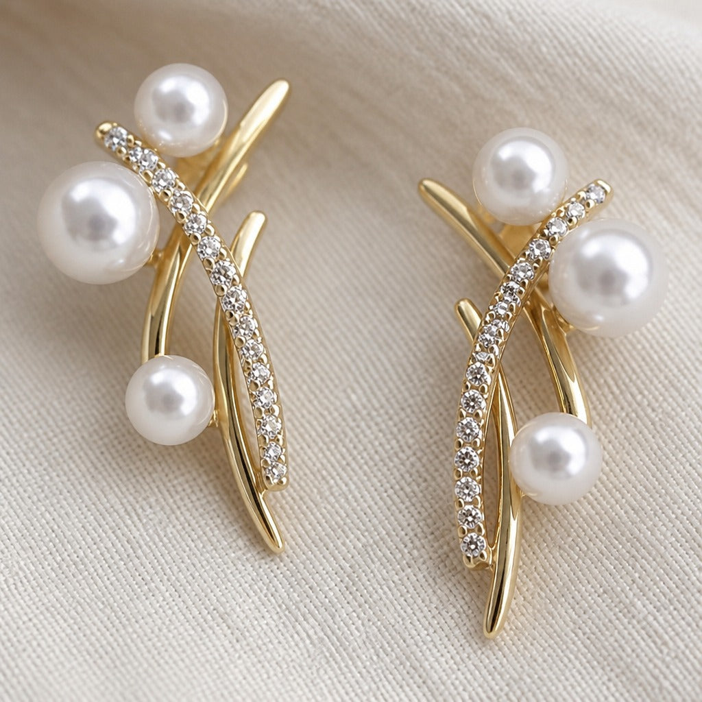 Triple Pearl Branch Drop Earrings with Gold-Tone Crystal Accent — view 2