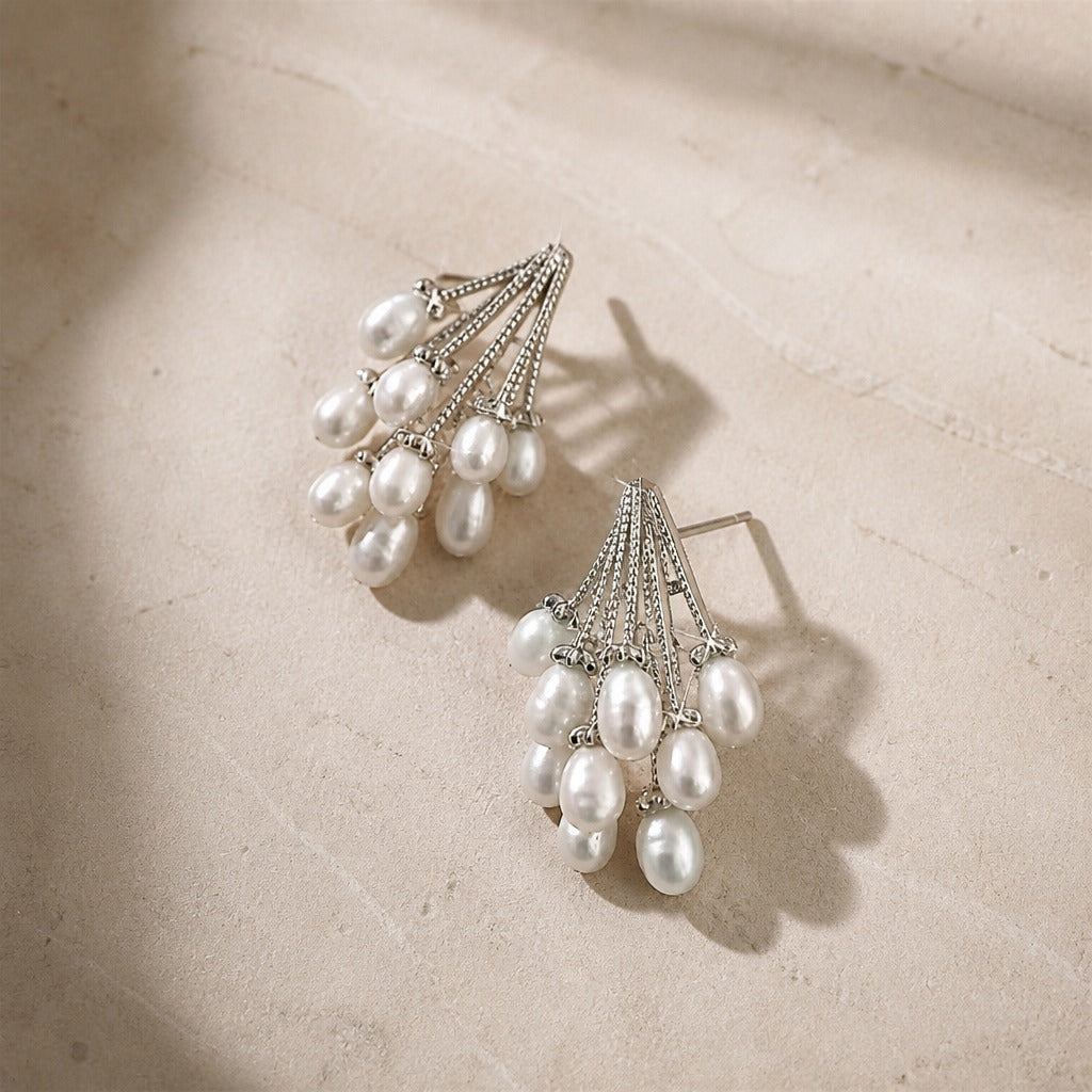 Cascading Pearl Cluster Drop Earrings in Gold and Silver Tone — view 2