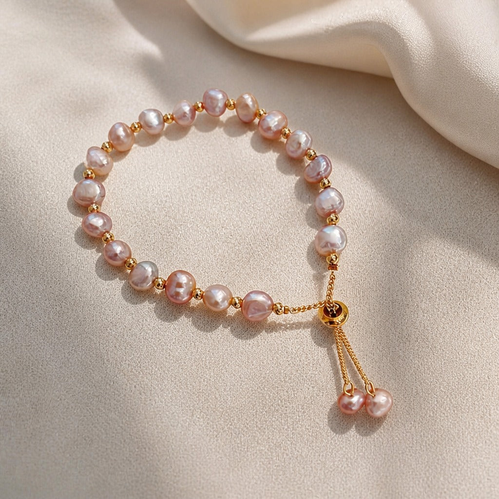 Baroque Pink Pearl Beaded Bracelet with Gold-Tone Accents & Adjustable Closure — main image
