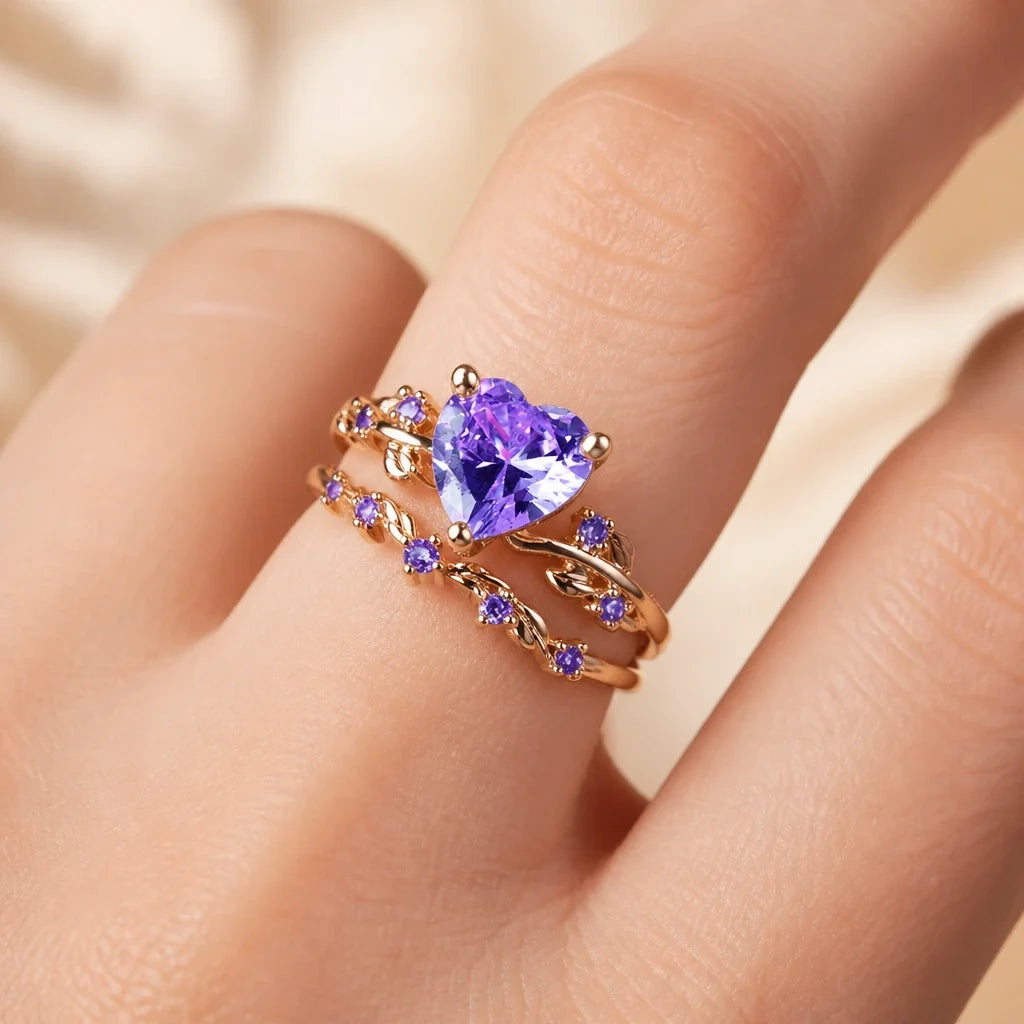 Heart-Shaped Amethyst Ring with Rose Gold Leaf and Vine Band