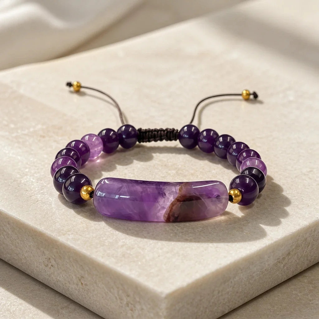 Barrel Amethyst Bead Bracelet with Gold-Tone Accents