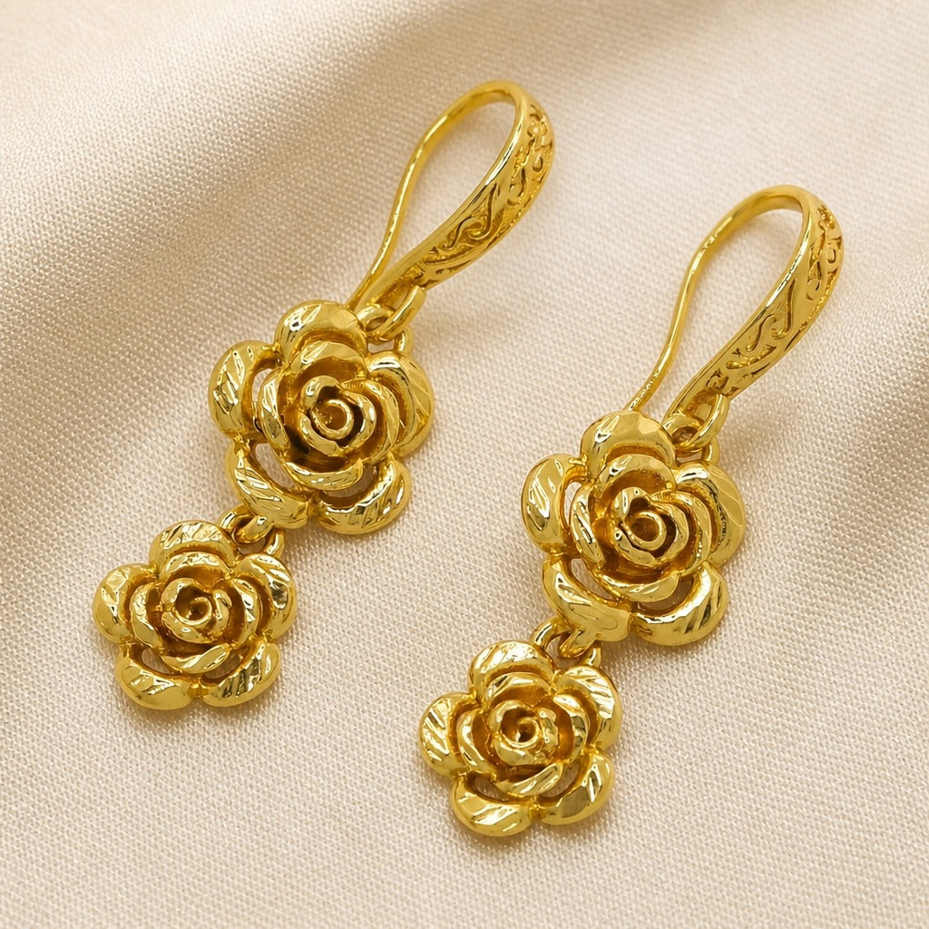 Gold-Tone Rose Dangle Earrings with Lever-Back Closure — view 2