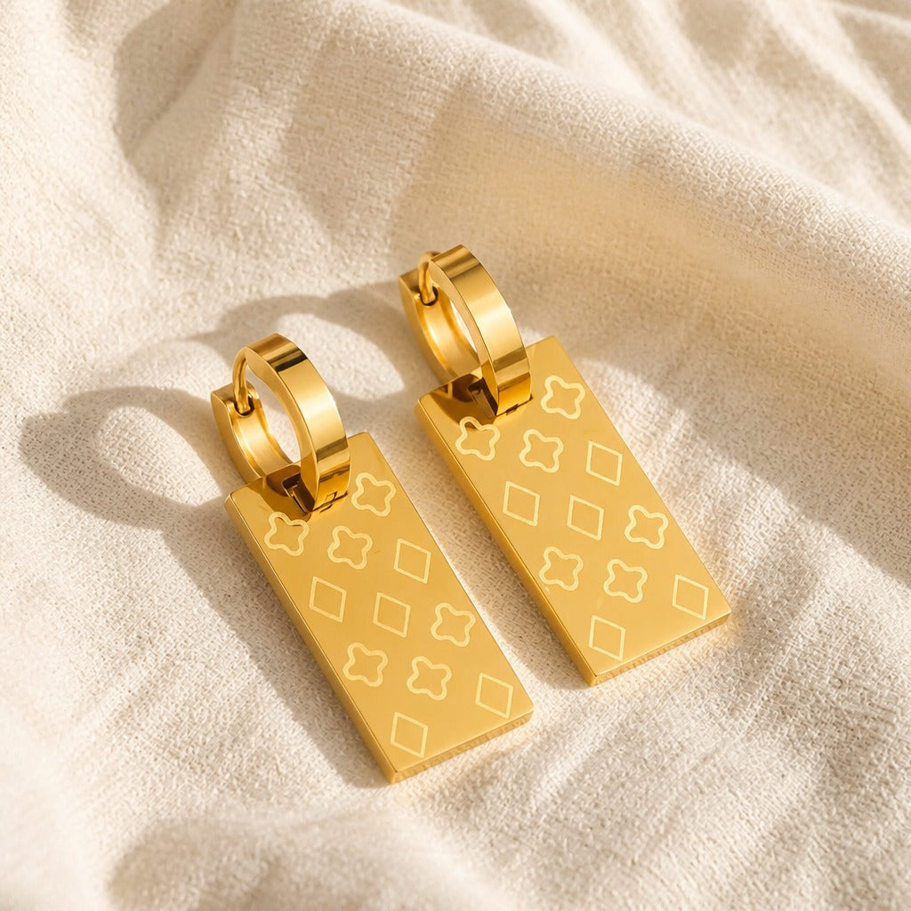 Vintage Hoop Earrings with Rectangular Charm Pendant, 18K Gold-Plated Stainless Steel — main image