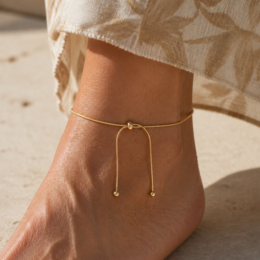 Minimalist Gold Chain Anklet with Adjustable Sliding Knot Closure — main image