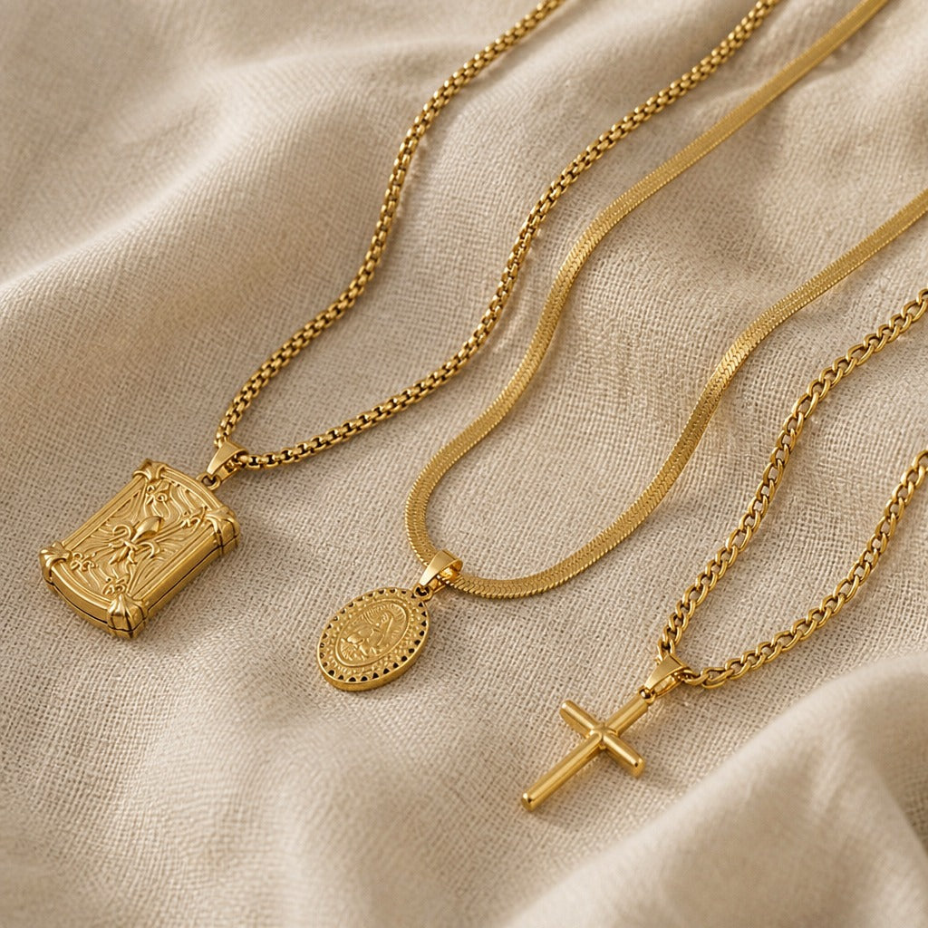 3-Piece Layered Necklace Set with Locket, Medallion & Cross Pendants, Gold Tone — main image