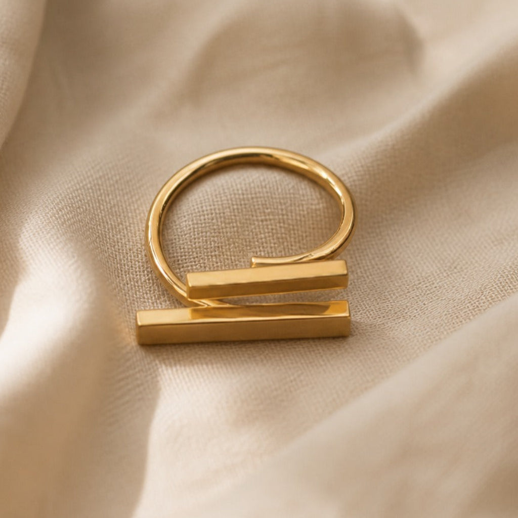 Open Adjustable Gold-Tone Ring with Elevated Geometric Bar Design — main image