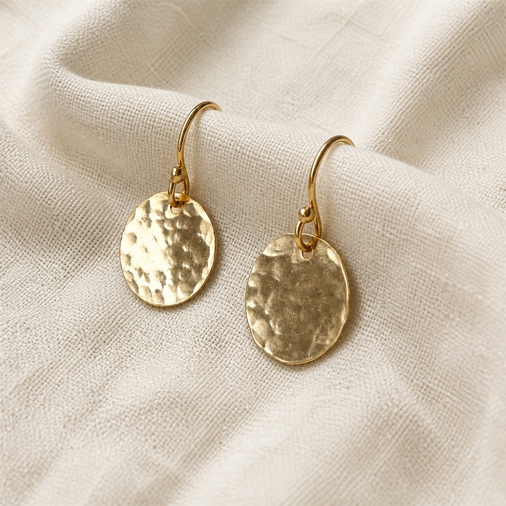 Hammered Gold Disc Drop Earrings with Hook Closure — view 2