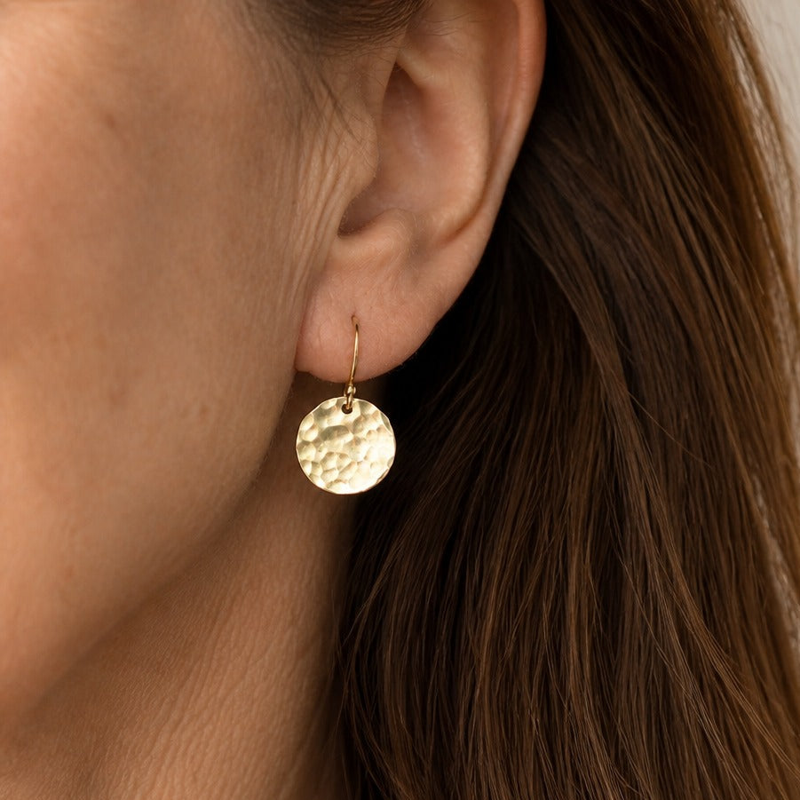 Hammered Gold Disc Drop Earrings with Hook Closure — main image
