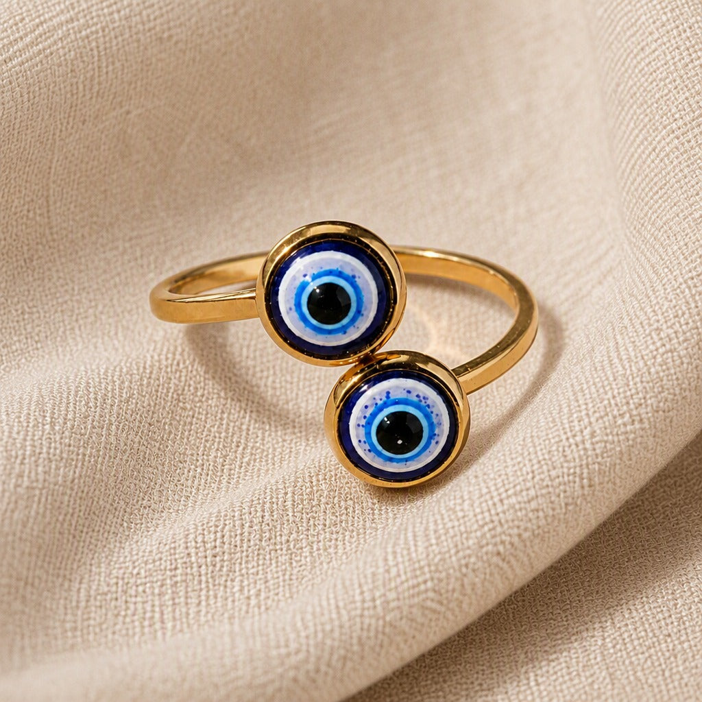 Double Evil Eye Gold Ring with Adjustable Open Band, Boho Stainless Steel — main image