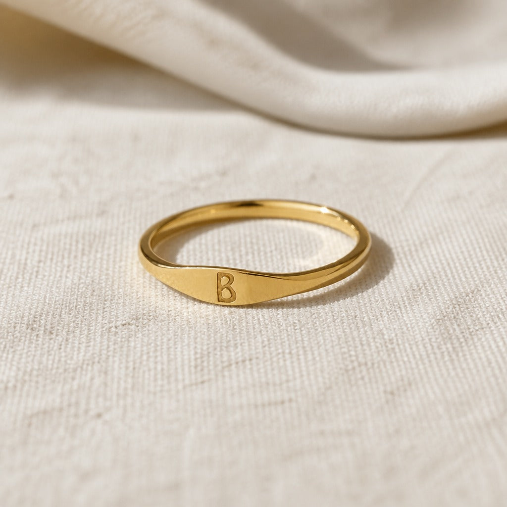 Personalized Initial Letter Signet Ring, Oval Band in Gold Tone — view 2