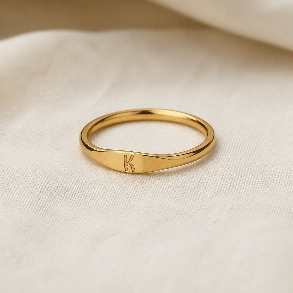 Personalized Initial Letter Signet Ring, Oval Band in Gold Tone — view 11