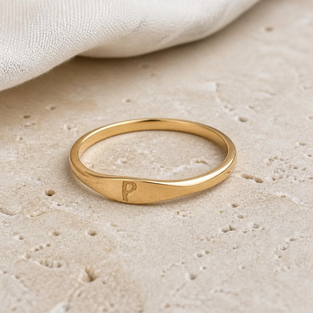 Personalized Initial Letter Signet Ring, Oval Band in Gold Tone — view 16