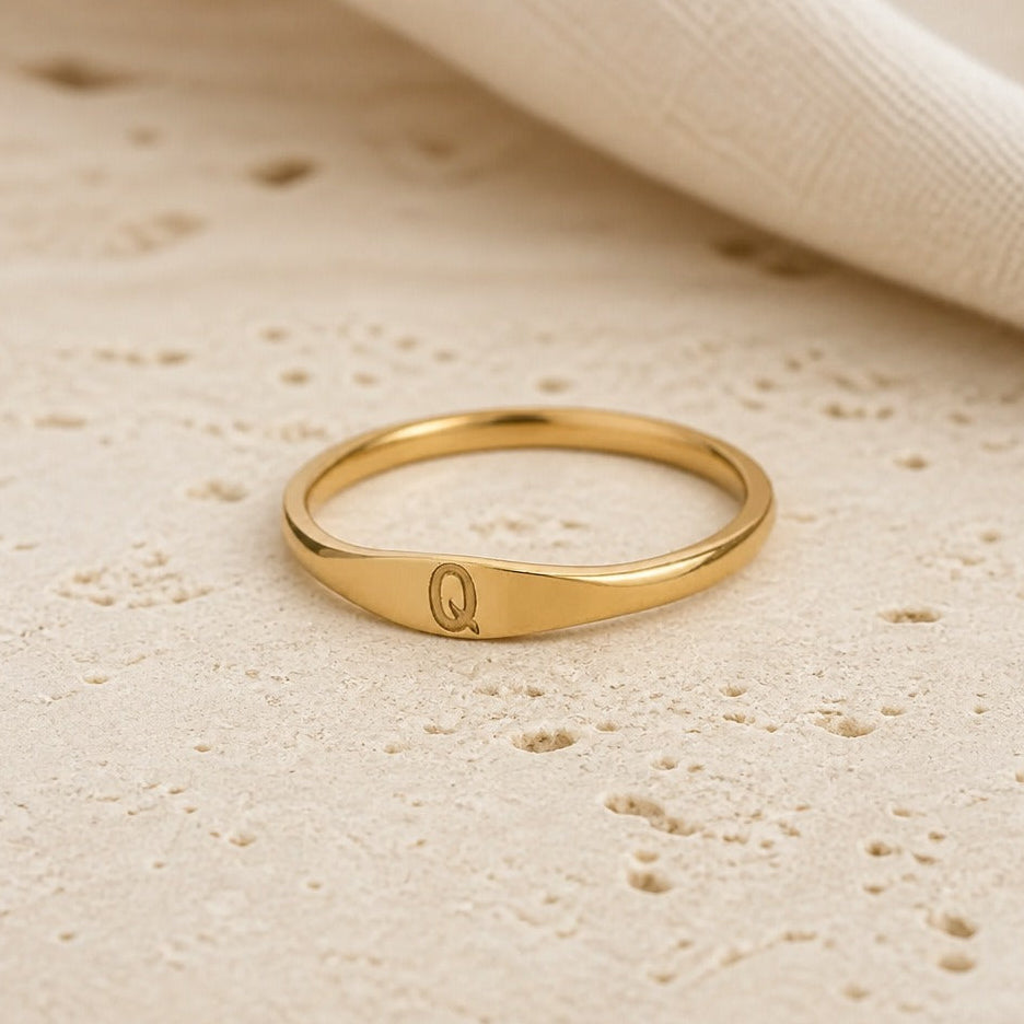 Personalized Initial Letter Signet Ring, Oval Band in Gold Tone — view 17