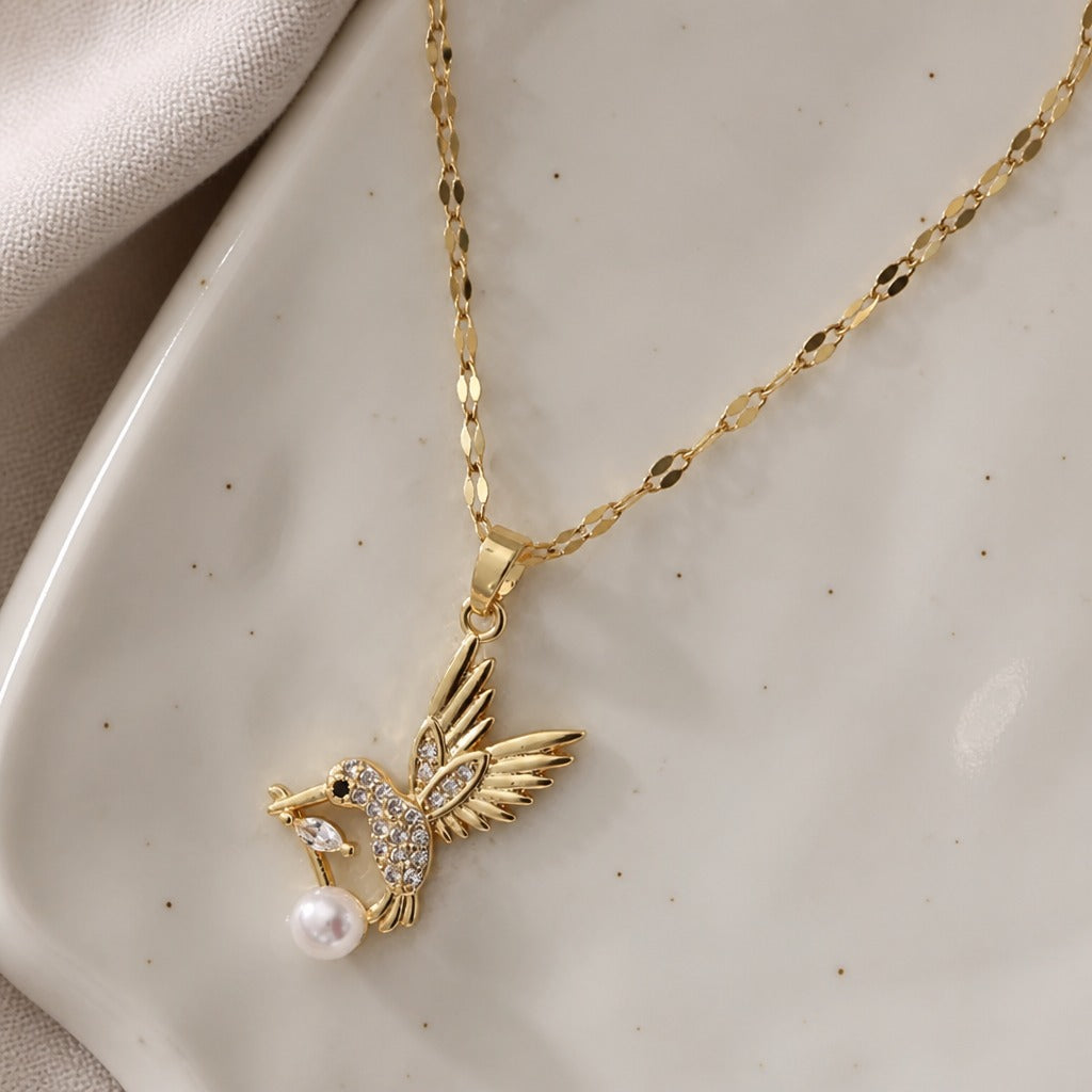 Hummingbird Pearl Pendant Necklace with Clear Stone Wings — view 2