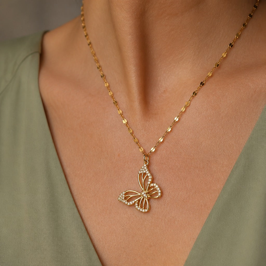 Hollow Butterfly Pendant Necklace with Crystal Wing Accents, Gold-Tone Chain — main image