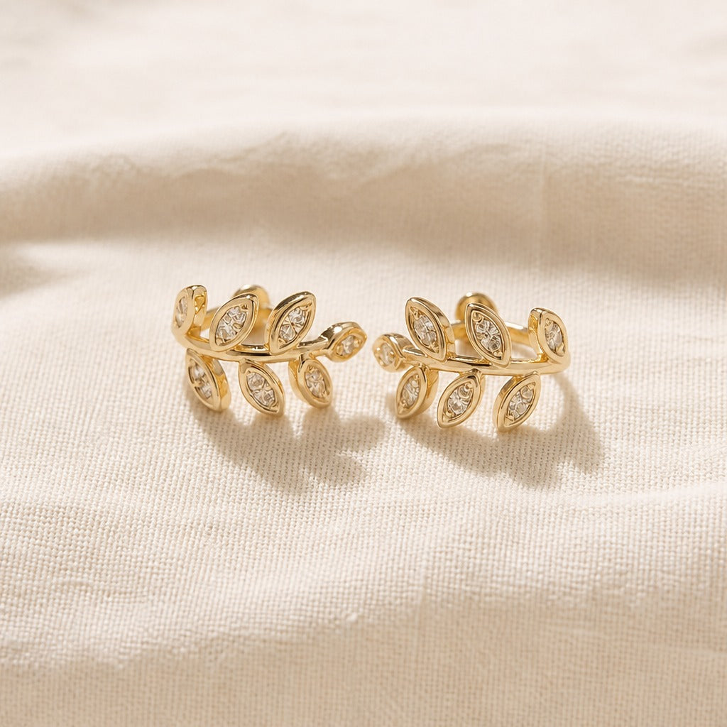 Leaf Ear Cuff Pair with Cubic Zirconia Accents in Gold Tone — main image