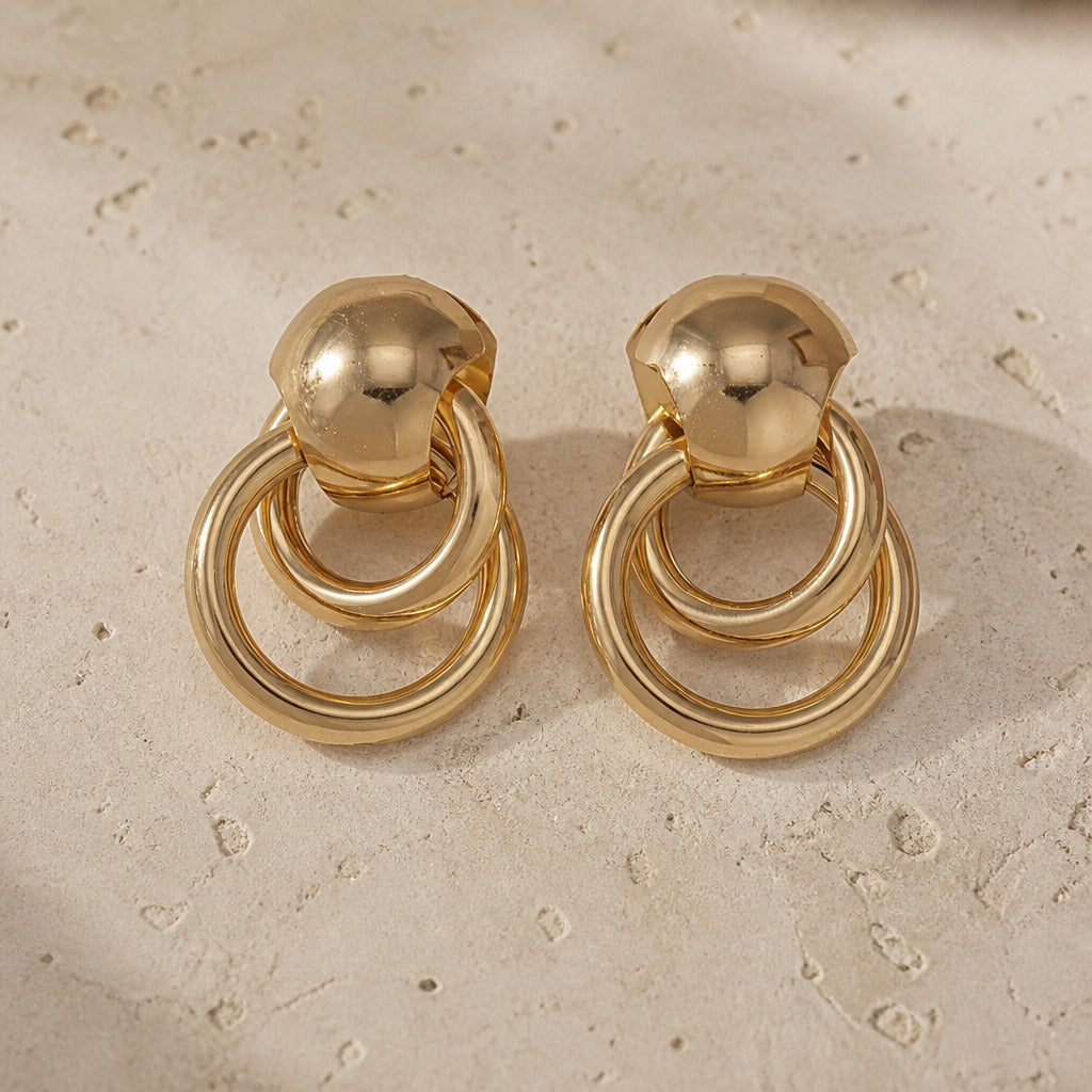 Double Circle Gold-Tone Drop Earrings with Ball Post — view 2