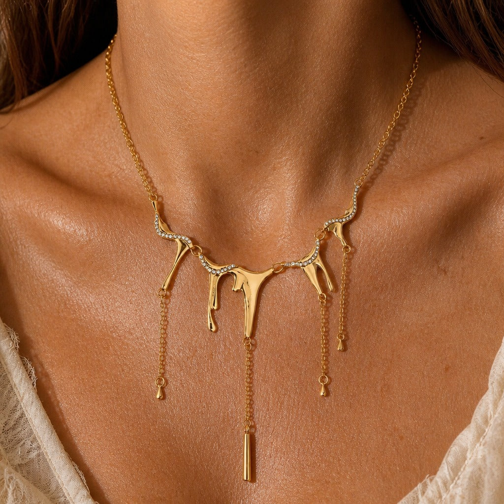 Cascading Gold-Tone Drip Pendant Necklace with Rhinestone Accents — main image