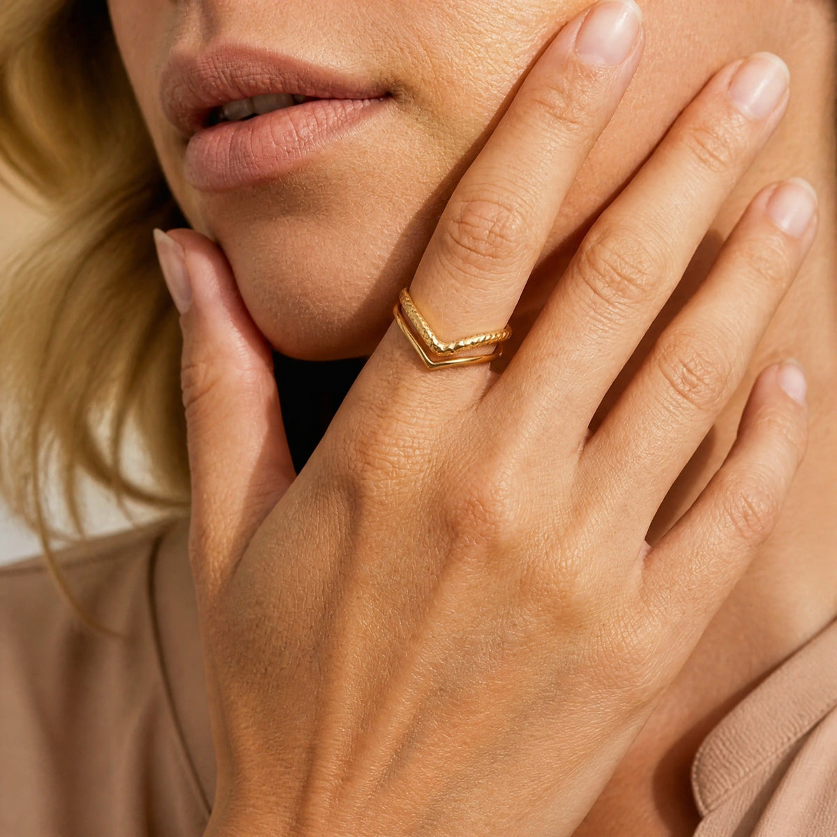 Adjustable Open Chevron Ring with Hammered Texture in Gold Tone — view 2