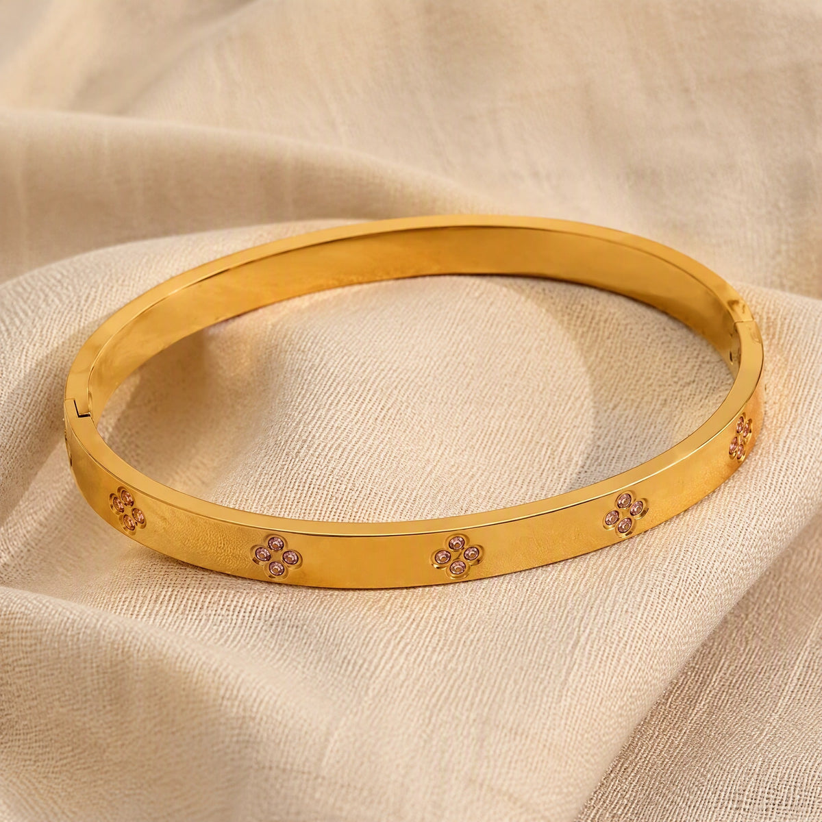 Floral Cluster Zirconia Bangle Bracelet in Gold Tone with Hinged Clasp — main image