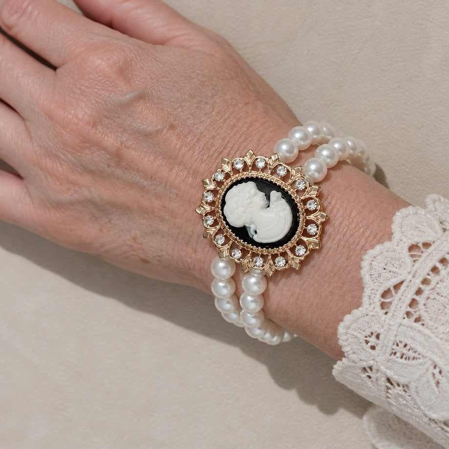 Cameo Pearl Bracelet with Gold-Tone Rhinestone Halo Detail — main image