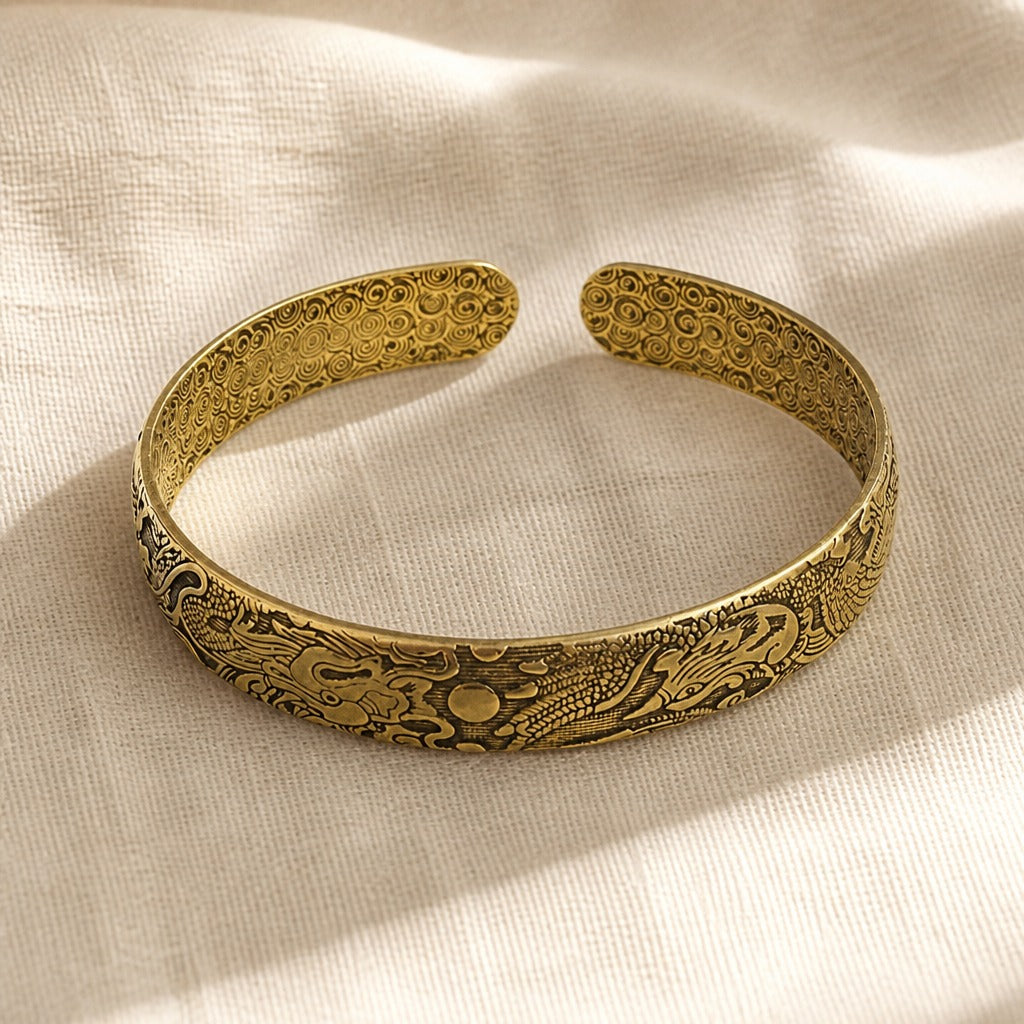 Dragon Phoenix Copper Cuff Bracelet with Antiqued Relief Carving — main image