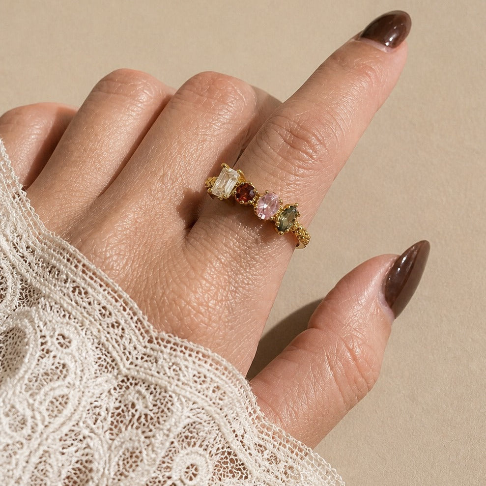 Multicolor Gemstone Statement Ring with Beaded Gold Band — view 2
