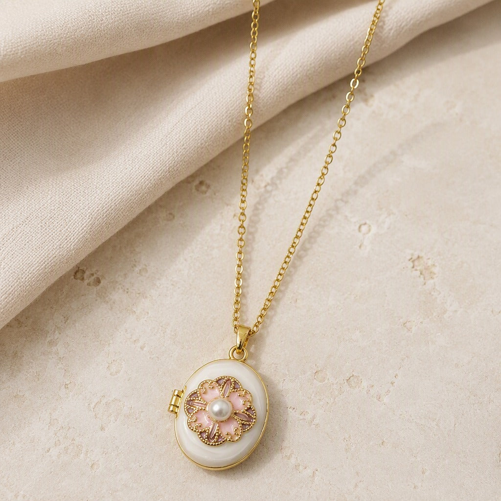 Oval Mother-of-Pearl Locket Necklace with Gold-Tone Filigree Interior — main image
