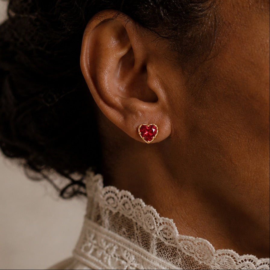 Heart-Shaped Red Stone Stud Earrings with Beaded Halo Border — main image