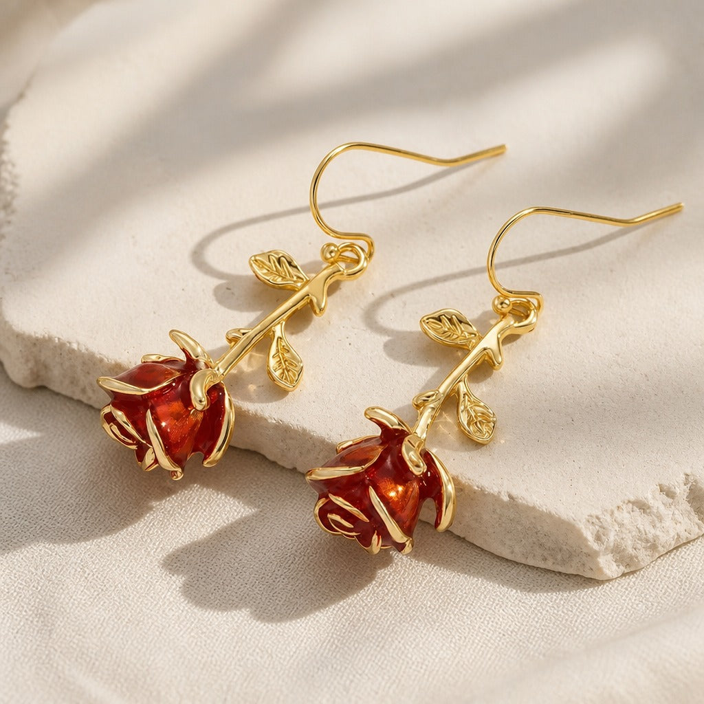 Red Rose Drop Earrings with Leaf Detail in Gold Tone — view 2