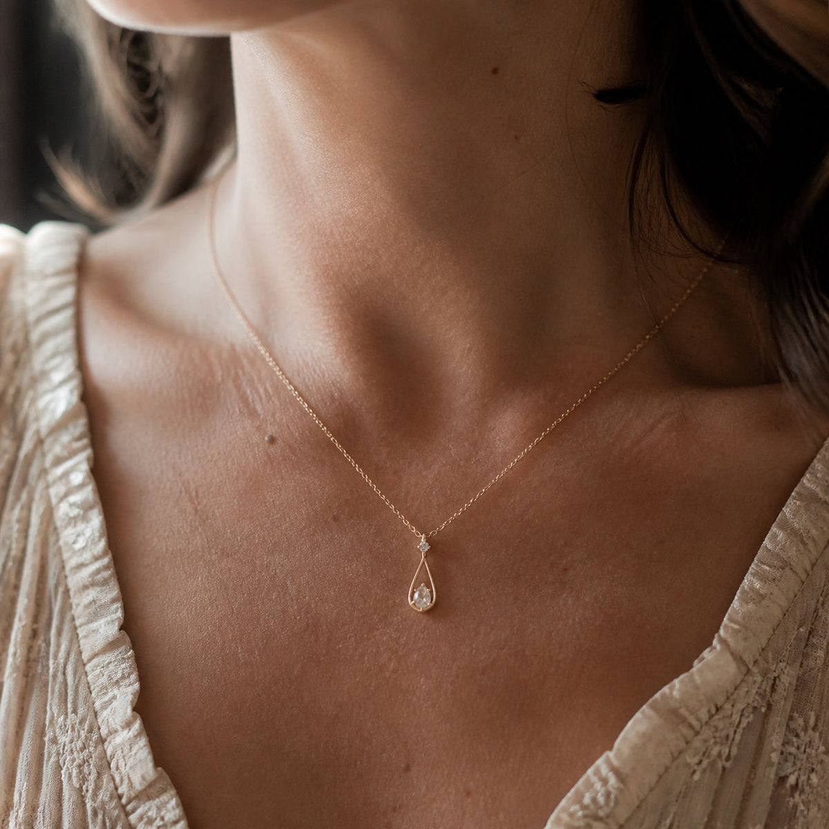 Teardrop Clear Stone Pendant Necklace with Gold-Tone Chain — main image