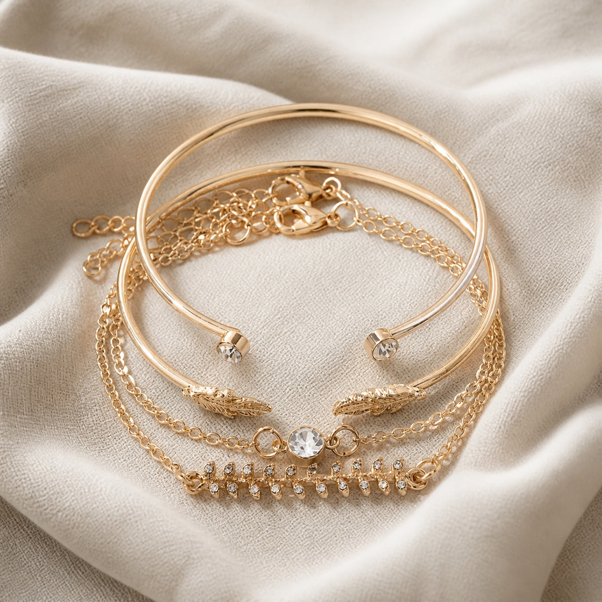 Leaf Charm Rhinestone Bracelet Set, 3-Piece Gold-Tone Stacking Bangles — main image