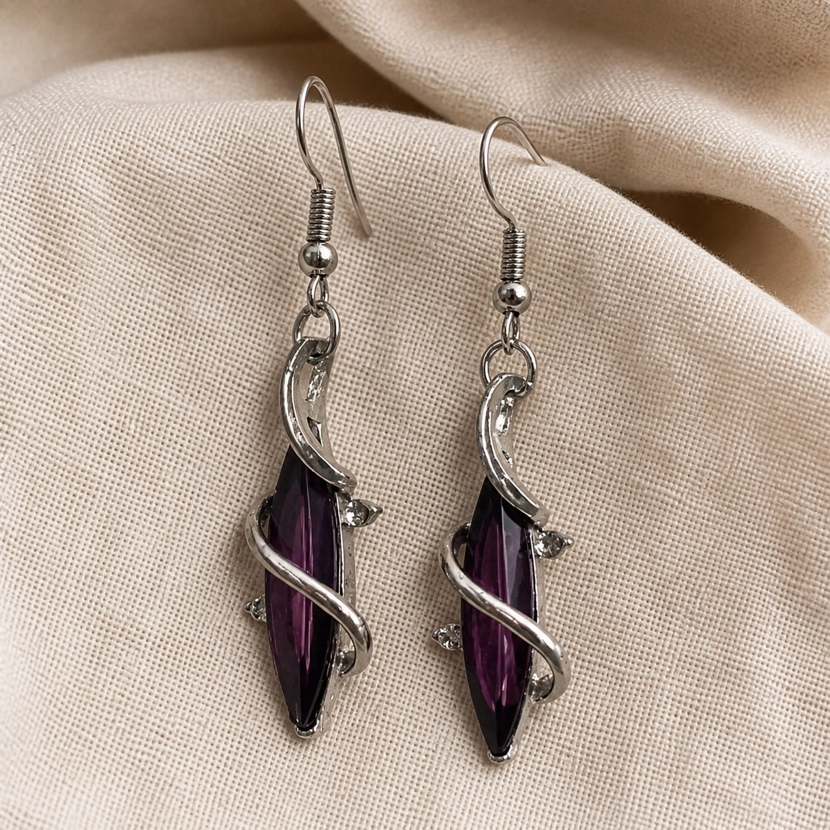 Faceted Teardrop Amethyst Drop Earrings with Silver-Tone Spiral Wrap — main image