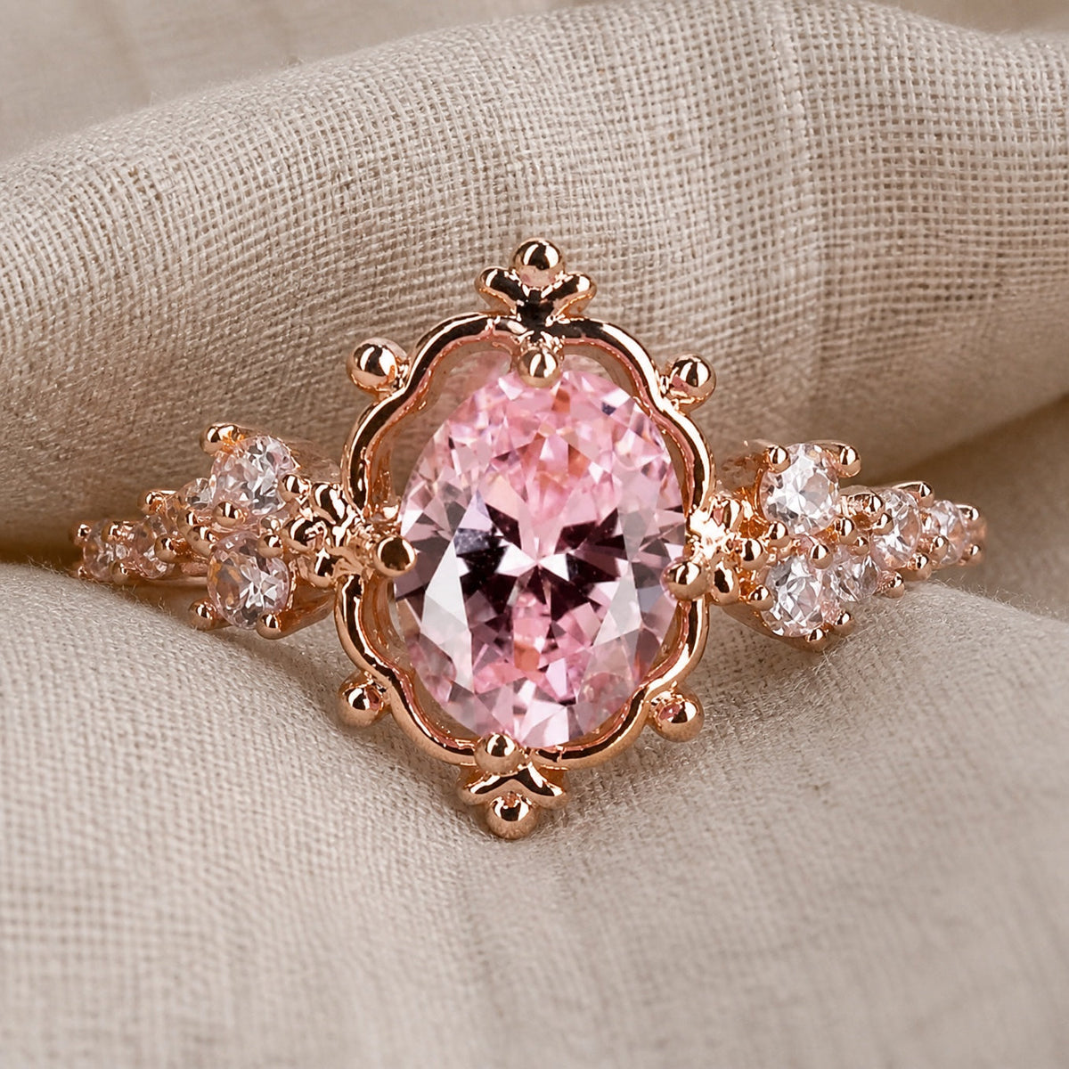 Oval Pink Stone Cocktail Ring with Scalloped Rose Gold Setting — main image