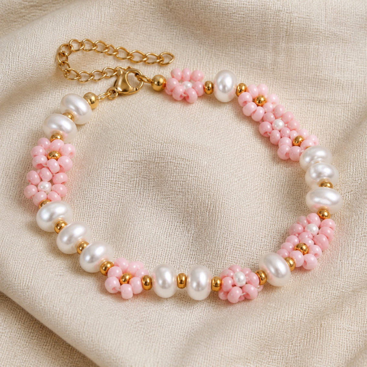 Pearl and Pink Bead Cluster Bracelet with Gold-Tone Spacers — main image