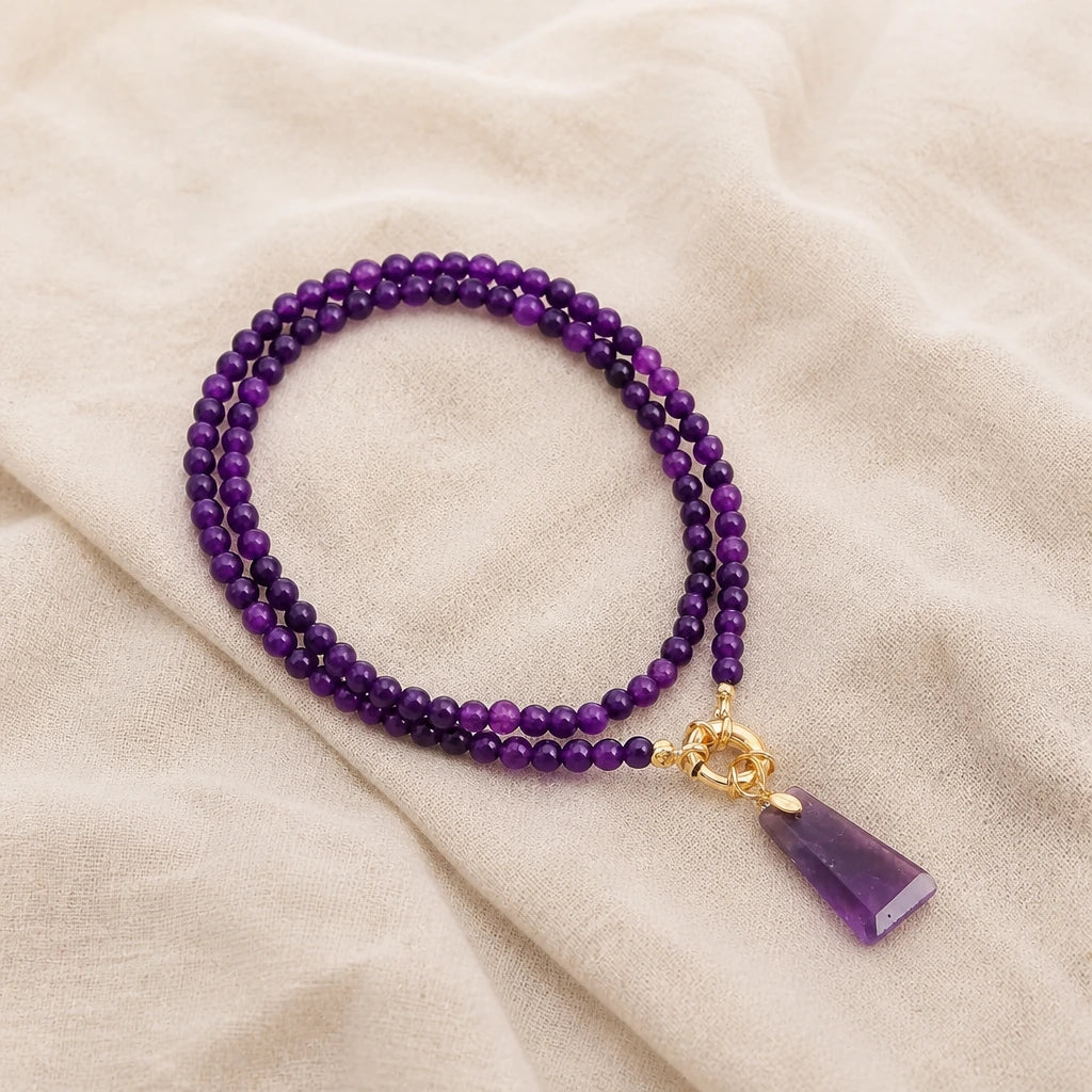 Trapezoid Amethyst Pendant Necklace with Faceted Beads and Gold-Tone Toggle Clasp