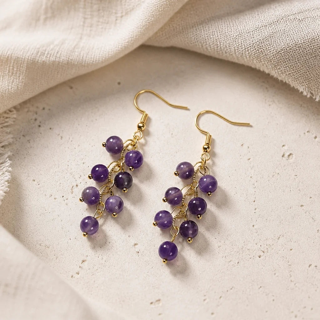 Grape Cluster Amethyst Drop Earrings with Gold-Tone Chain