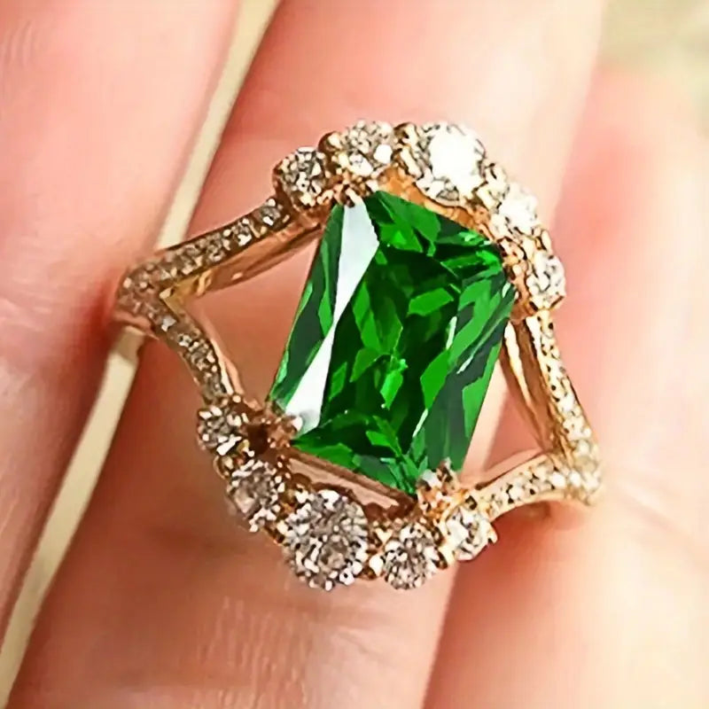 Emerald-Cut Green Stone Halo Ring with Geometric Frame in Gold Tone — view 3
