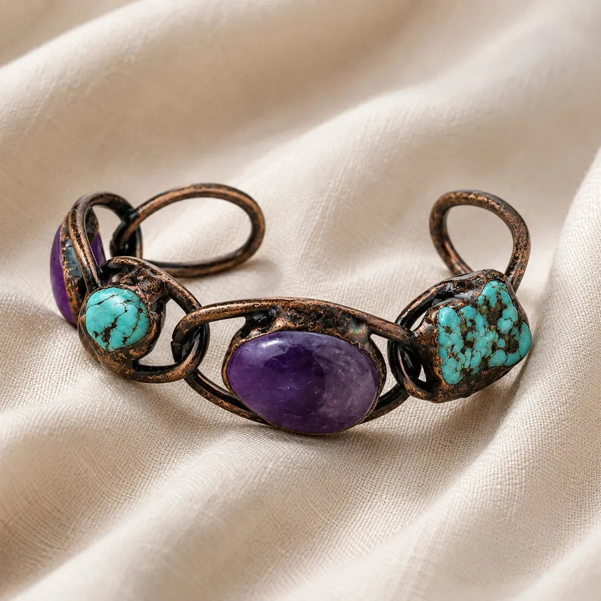 Oval Amethyst Cuff Bracelet with Turquoise Accents