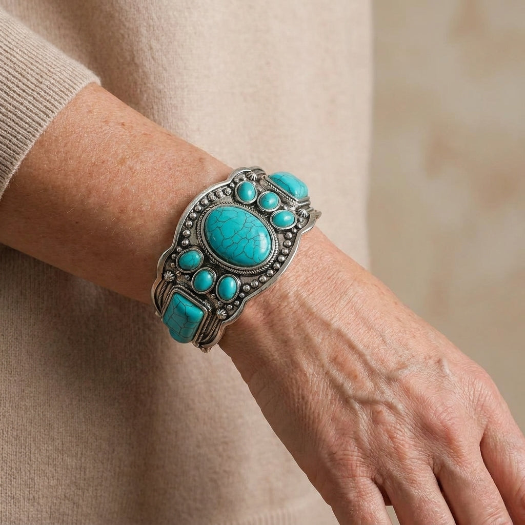 1pc retro bohemian natural turquoise open bracelet ethnic style vacation leisure travel accessory for men and women stage performance accessory gift for friends birthday present for bestie mothers day gift natural turquoise grain random color with s — lifestyle