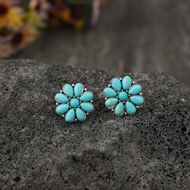Turquoise Flower Cluster Stud Earrings with Silver-Tone Setting