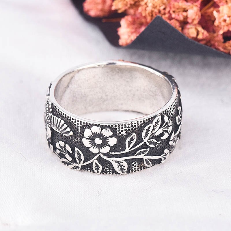 Carved Floral Wide Band Ring, Bohemian Vintage Two-Tone Copper — main image